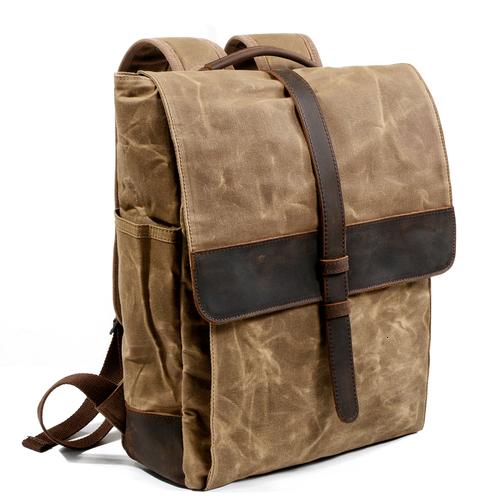 Extra-large school backpack with waxed canvas and leather