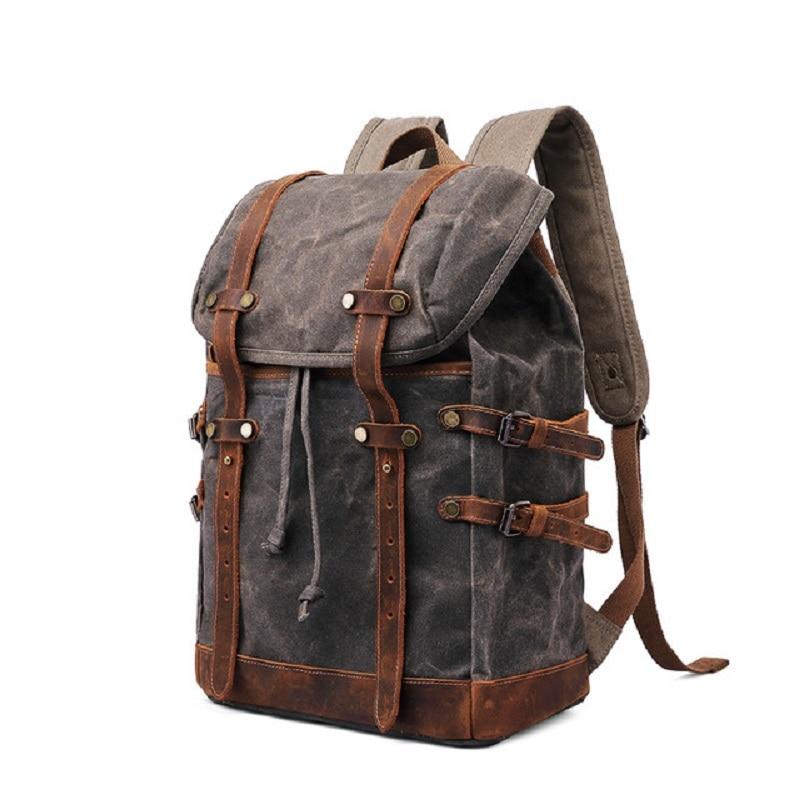 Men's waterproof canvas leather student backpack 20-35L