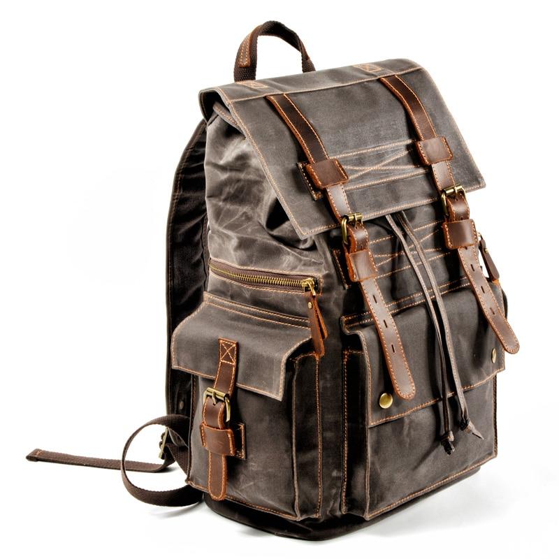 Men's retro brown leather casual backpack with 20-35L capacity