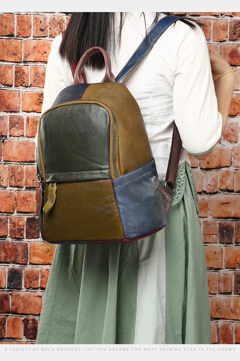 Vintage-inspired large genuine leather backpack with green, yellow, blue, and red pattern