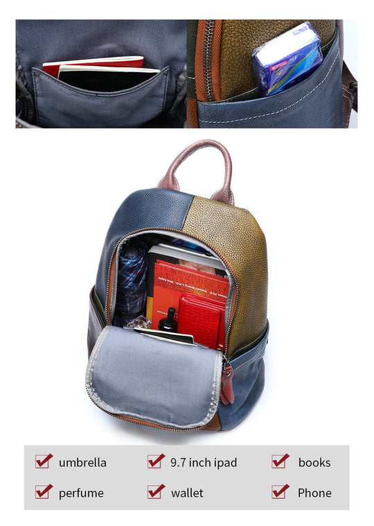 Men's genuine leather school backpack with a lively green, yellow, blue, and red design