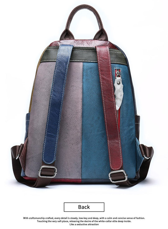 Trekking backpack in genuine leather with a colorful green, yellow, blue, and red design