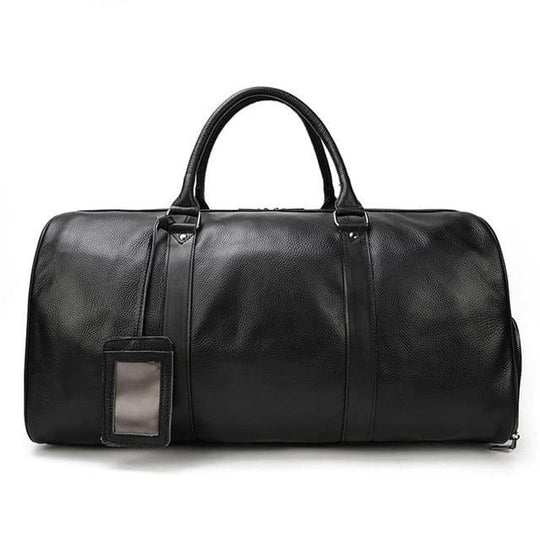 Contemporary black leather gym duffle for travel