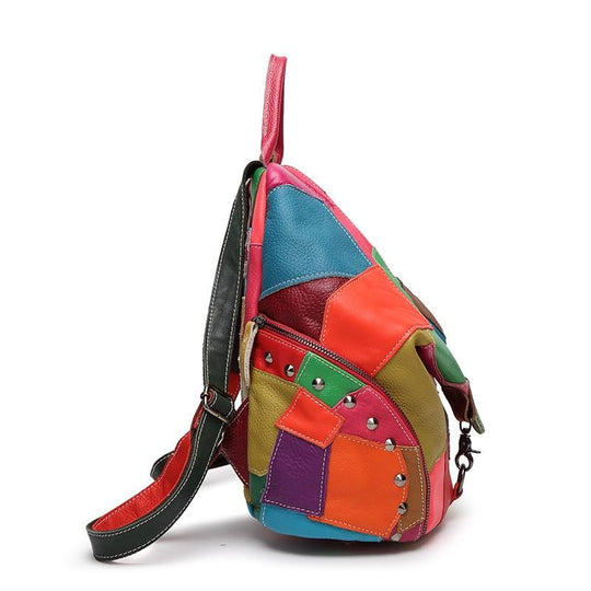 Genuine leather tote with multi-color and black patchwork design
