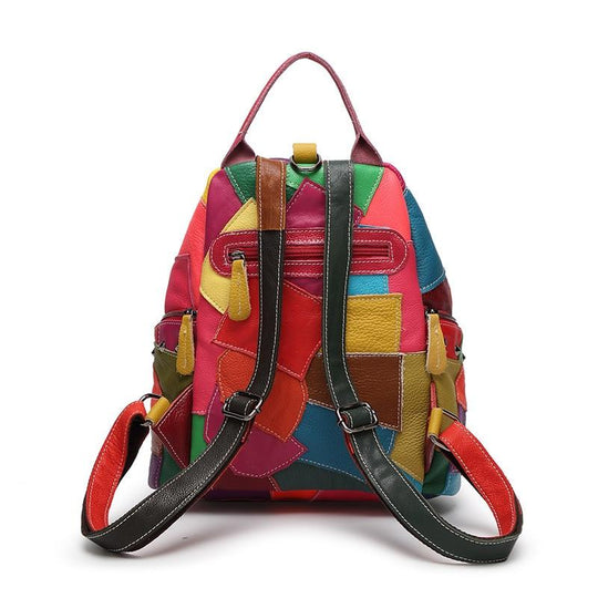 Retro style genuine leather bag with patchwork in multi-color and black
