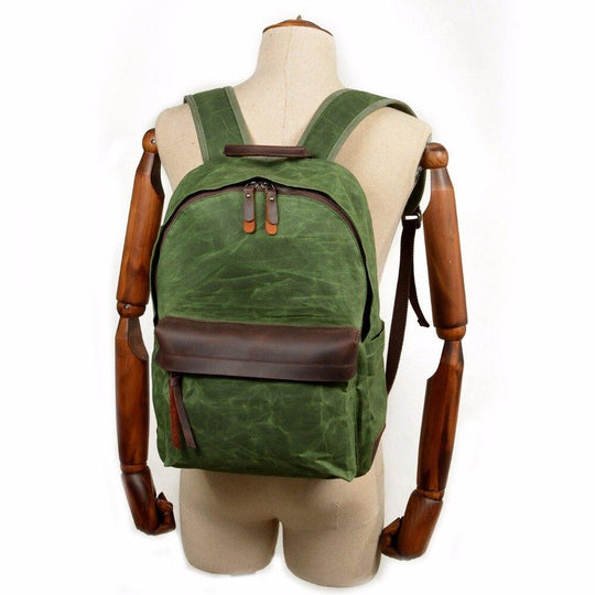 Canvas leather hiking backpack in green and brown 20-35L