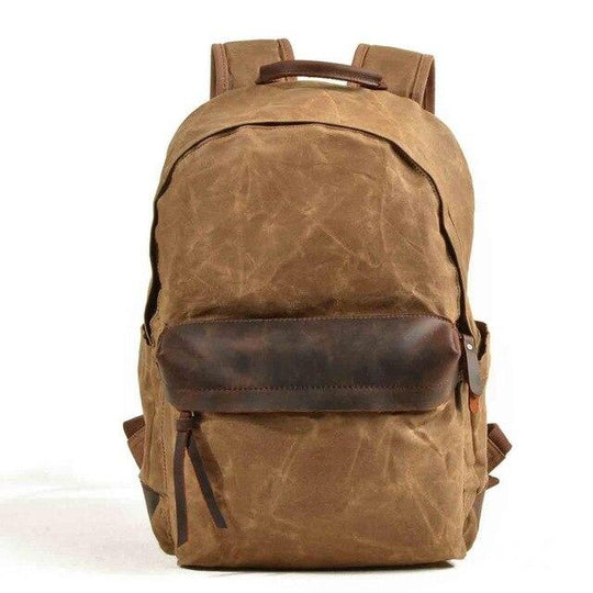 Men's green and brown canvas leather backpack with 20-35L capacity