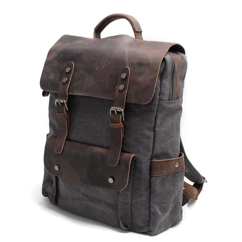 20L waterproof canvas leather backpack for 14-inch laptop
