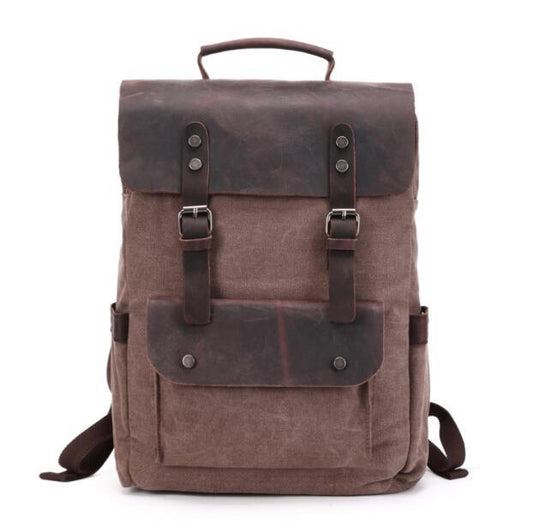 Canvas leather laptop backpack with 20-liter capacity and waterproofing