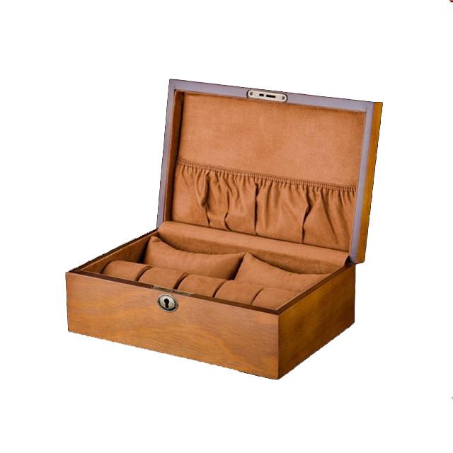 Brown European Wood Watch Storage Box With Lock - Leather Purse Backpack