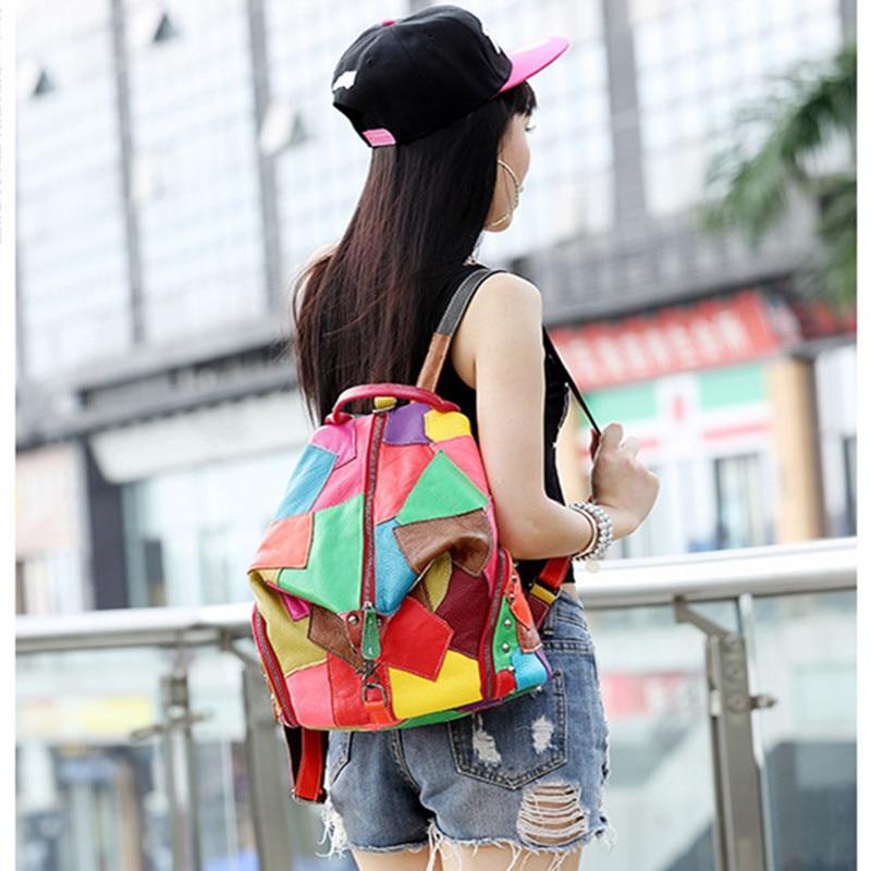 Genuine leather messenger bag with multi-color and black patchwork