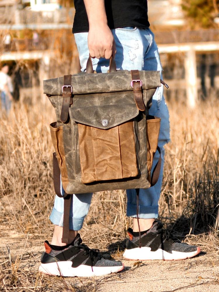 Men's retro oil-waxed canvas and genuine leather waterproof travel backpack