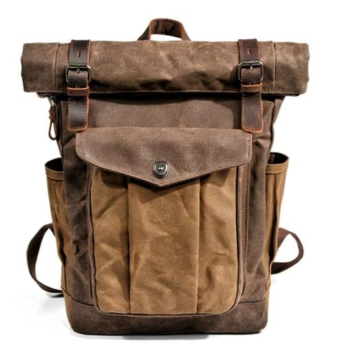 Oil-waxed vintage canvas and leather waterproof hiking backpack