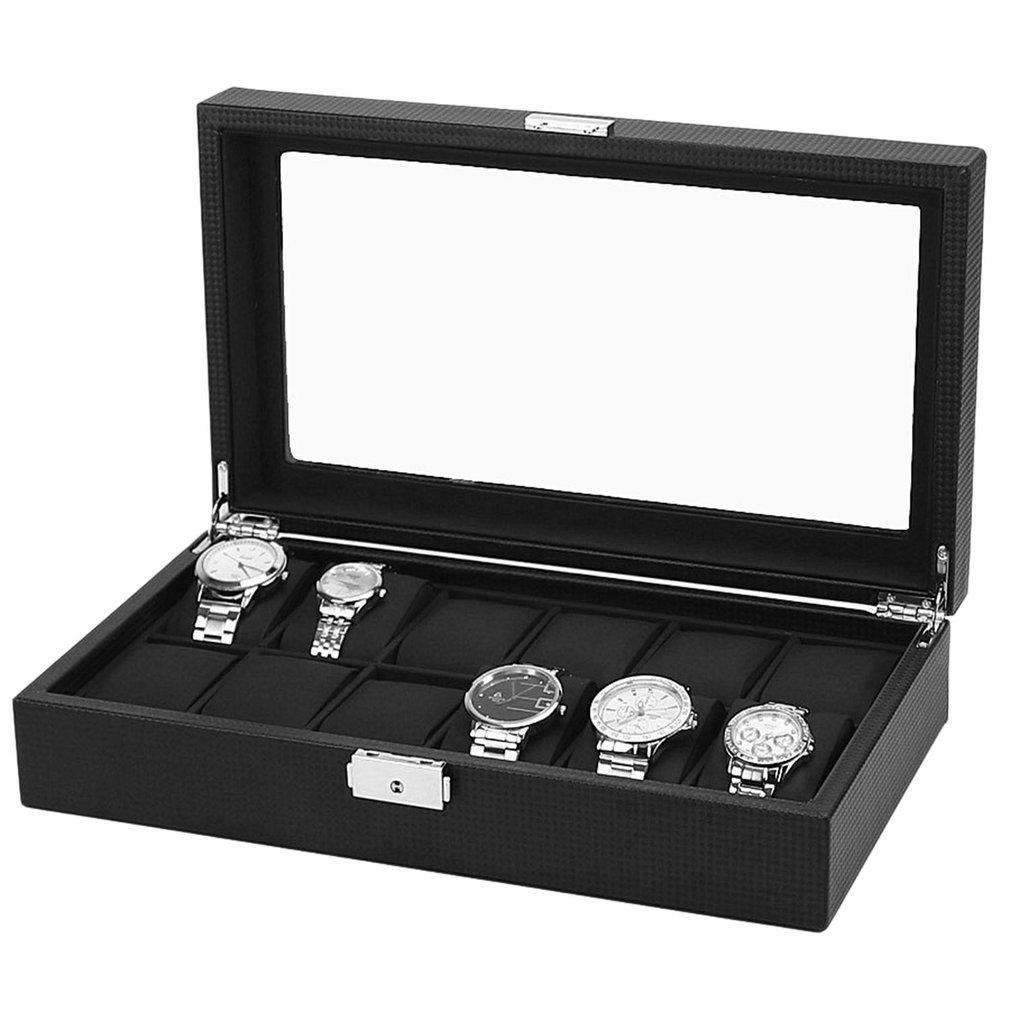 Black Carbon Fiber Watch and Jewelry Storage Box Organizer