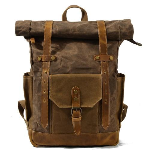 Vintage canvas waterproof backpack with genuine leather details and large capacity