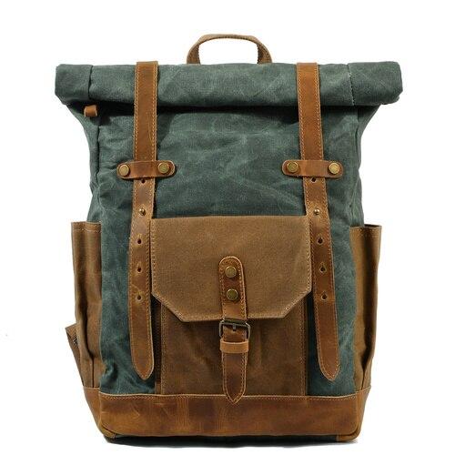 Vintage style waterproof backpack with large capacity and genuine leather