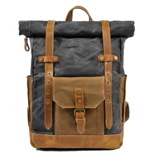 Waterproof genuine leather and vintage canvas backpack with large capacity