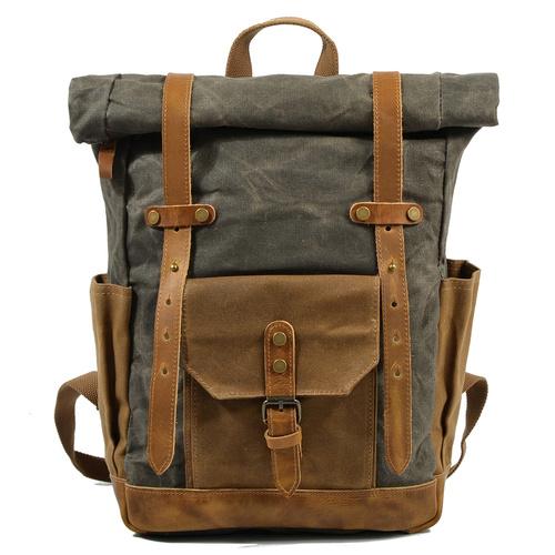 Genuine leather accents on large capacity vintage canvas waterproof backpack