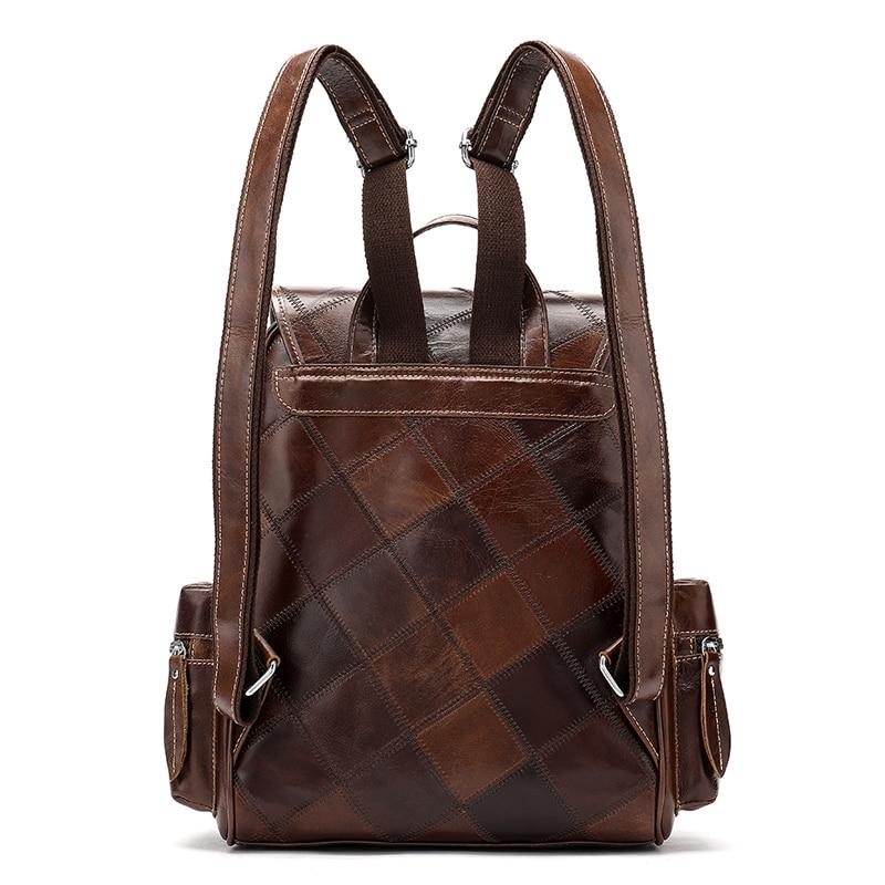 Men's genuine leather school bag with brown plaid pattern