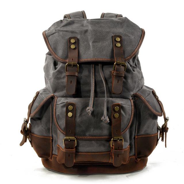 canvas leather bag backpack Canvas Leather Waterproof 20 to 35 Liter Backpack with String