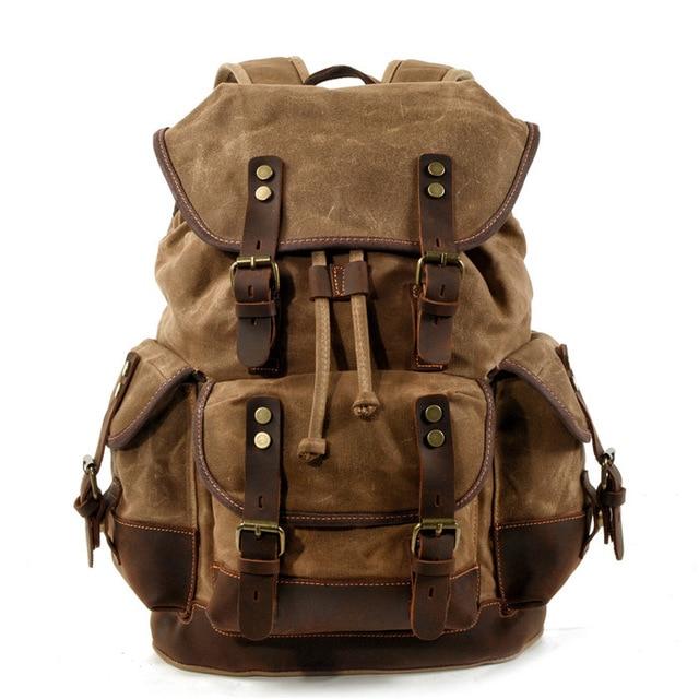 canvas leather backpack Canvas Leather Waterproof 20 to 35 Liter Backpack with String