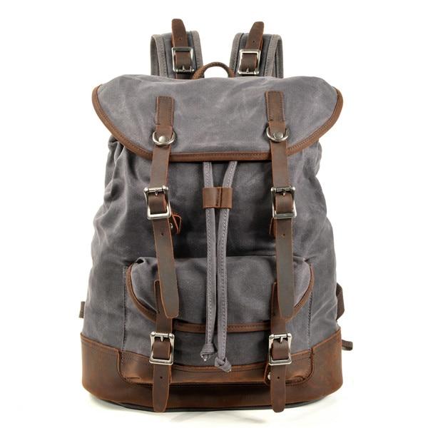 Men's European vintage canvas leather backpack 20-35L with string closure