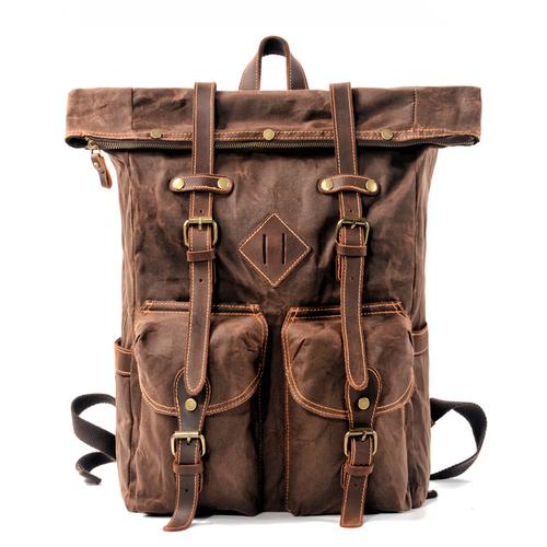 Canvas and genuine leather hiking backpack with large capacity, 2 colors