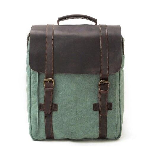 Retro style genuine leather and canvas backpack with 2 straps in 4 colors