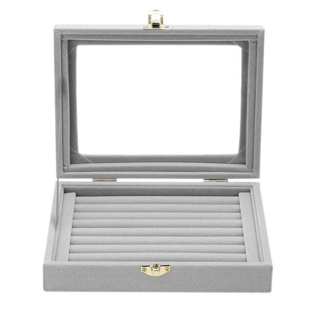 Gray Velvet Jewelry Storage Box with Glass Display - Leather Purse Backpack