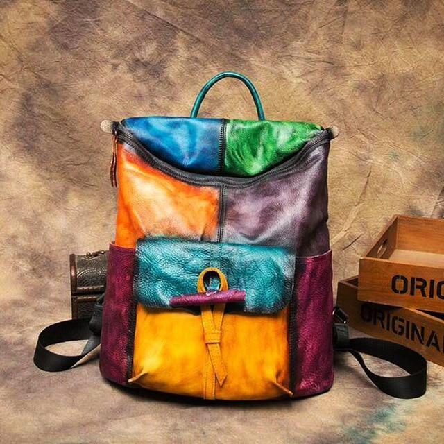 Vintage multi-color leather cowhide backpack with patchwork details