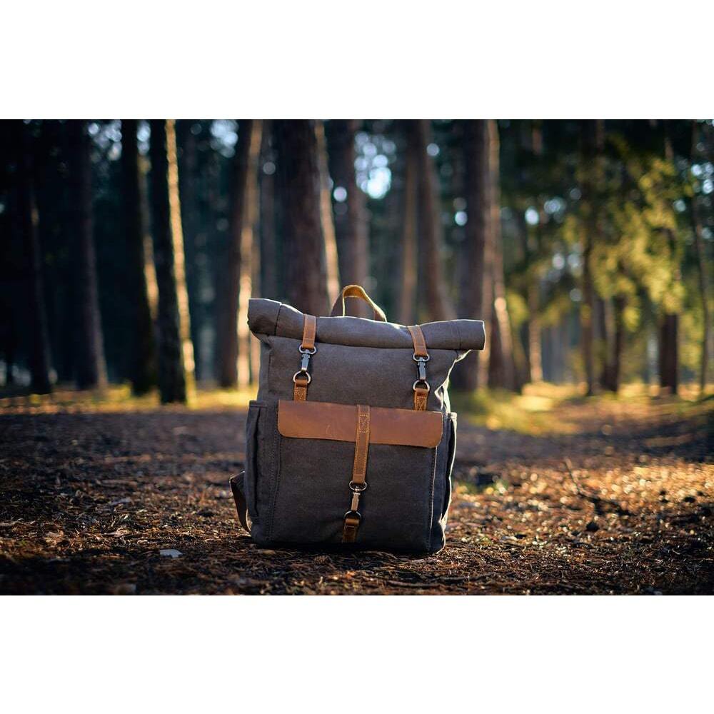 Vintage Retro Canvas Rucksack with Adjustable Straps - Leather Purse Backpack