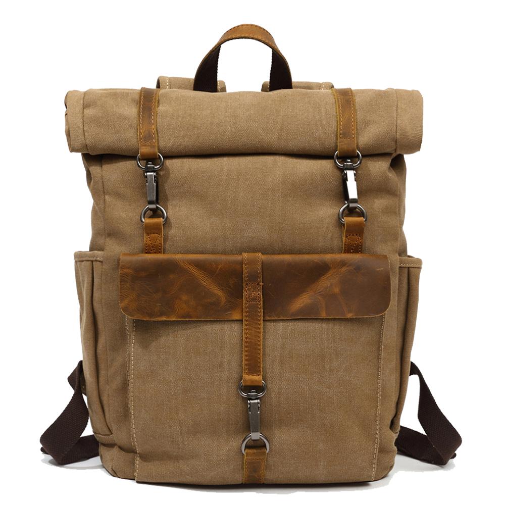 Vintage Retro Canvas Rucksack with Adjustable Straps - Leather Purse Backpack