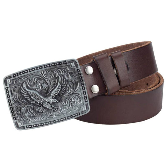 Leather Cowboy Belt With Silver Buckle For Men - Leather Purse Backpack