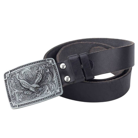 Leather Cowboy Belt With Silver Buckle For Men - Leather Purse Backpack