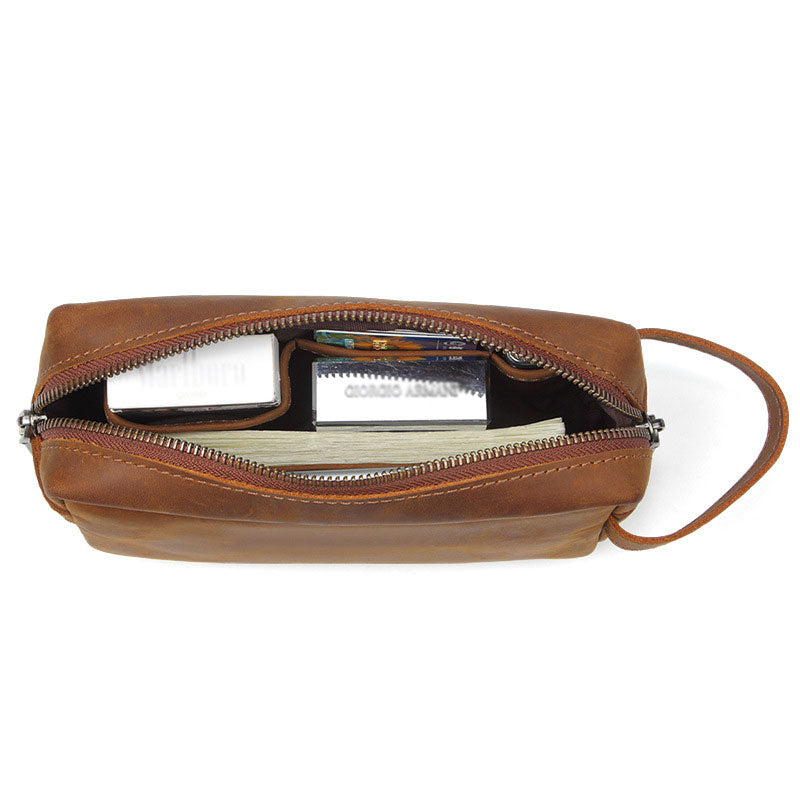 Crazy Horse leather toiletry bag as a travel essential