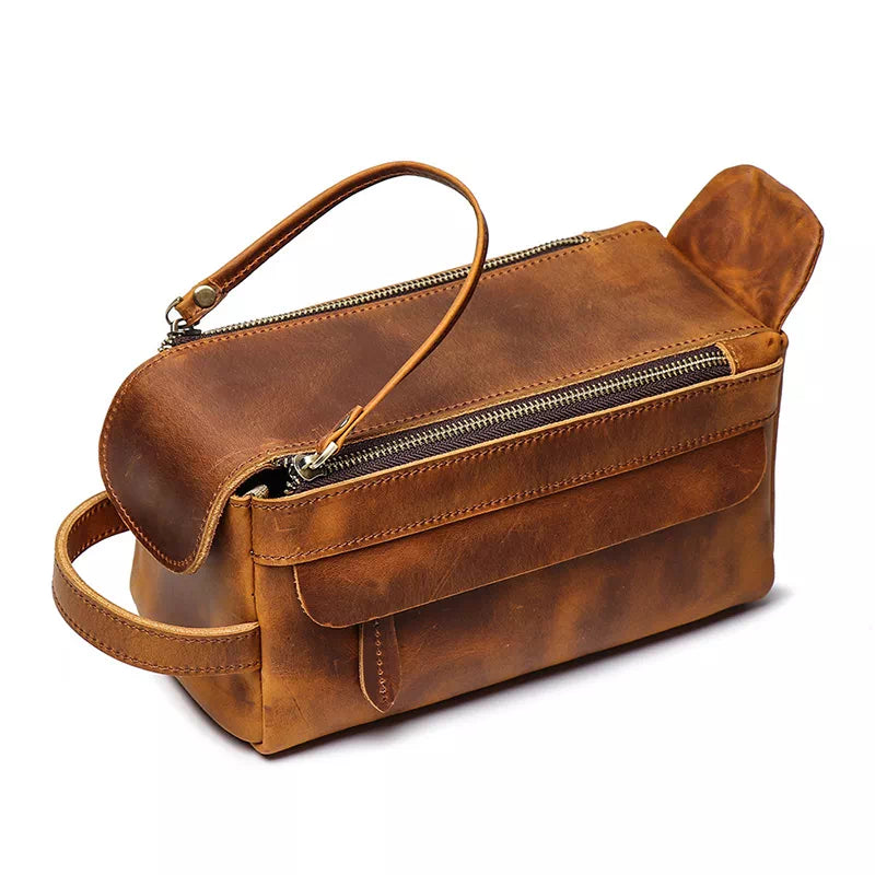 Luxurious brown leather toiletry bag designed for travel