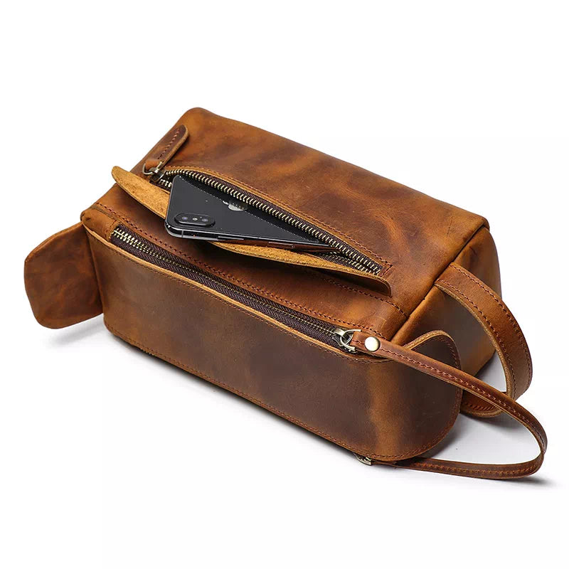 Men's travel grooming bag in high-quality brown leather