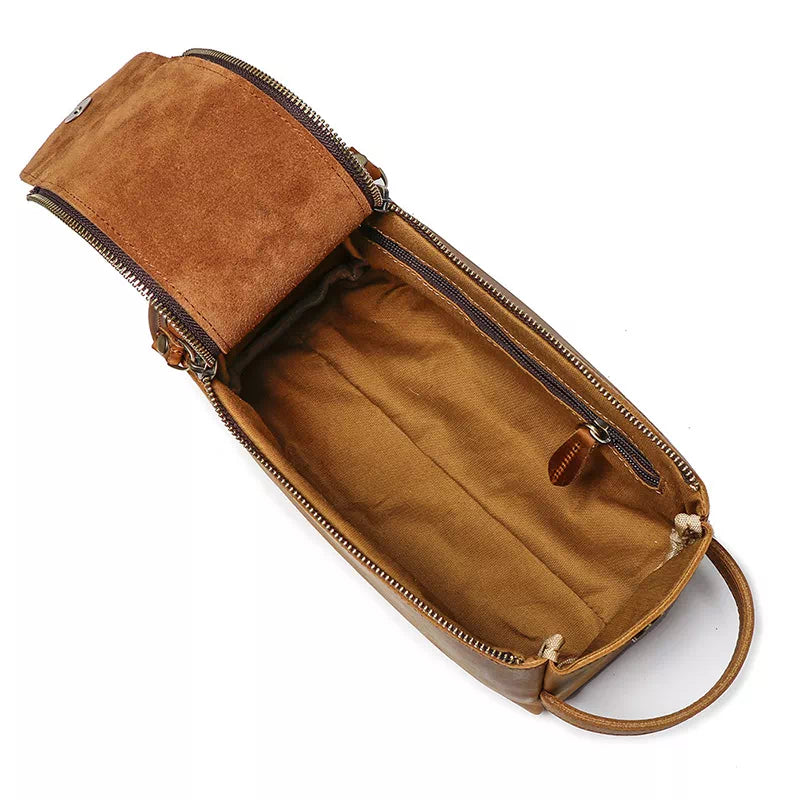 Premium brown leather travel toiletry bag for men