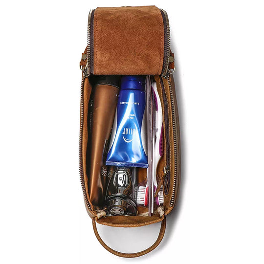 Brown leather dopp kit with top-notch quality for travel