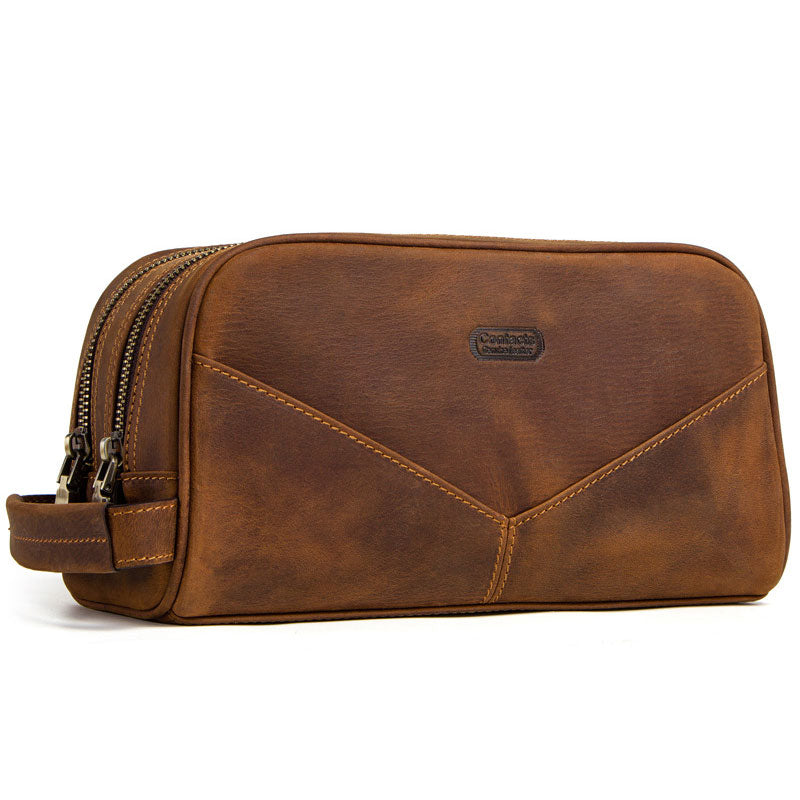 Brown men's Crazy Horse leather toiletry bag