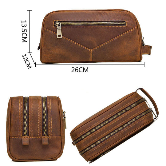 Brown leather toiletry bag for men with Crazy Horse finish