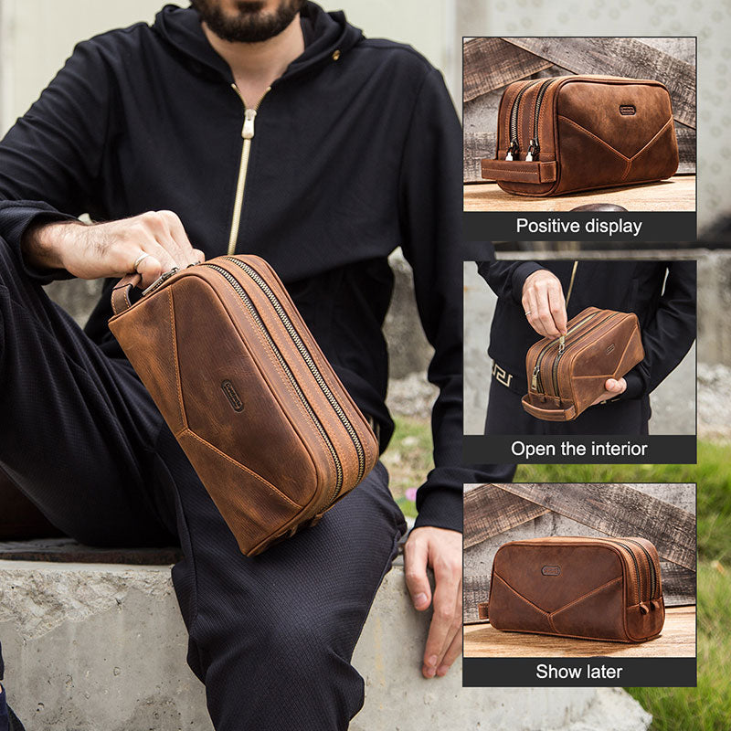 Men's brown Crazy Horse leather grooming kit bag