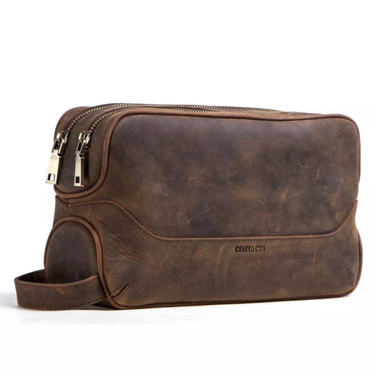 Crazy Horse leather men's toiletry bag with dual zippers