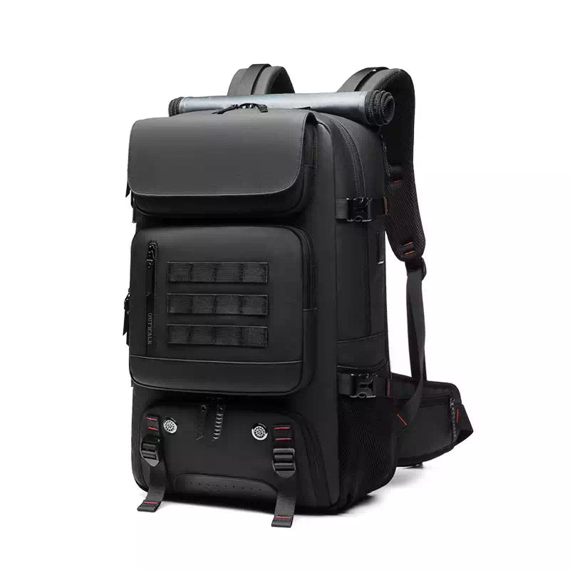 Black expandable daypack with built-in charging port
