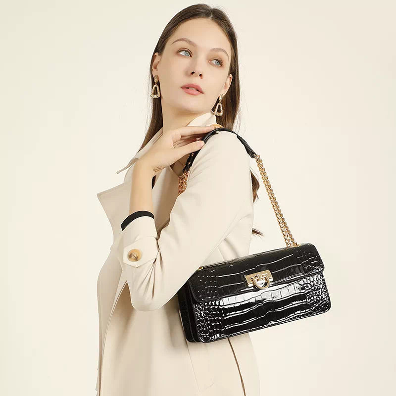 Square Chain Leather Baguette Bag