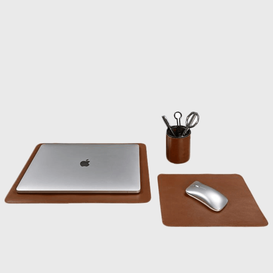 Personalized Leather Desk Set - Laptop Mat, Mouse Pad, and Pen Cup