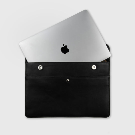 black leather laptop sleeve